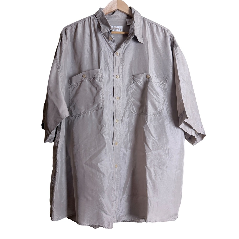 Summa Men's 100% Silk XL Shirt Taupe Gray Earthy Button Up Resort Vintage Luxury